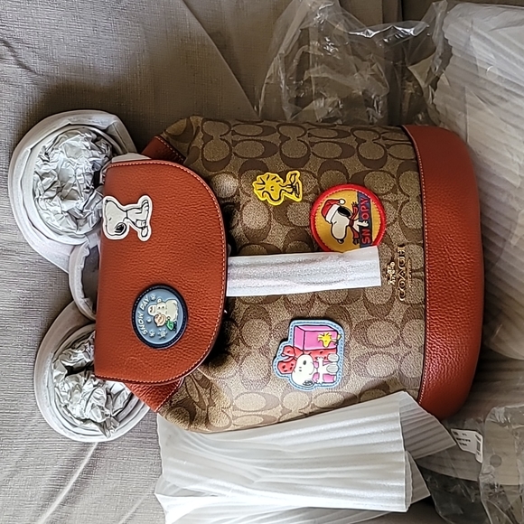 Coach X Peanuts Dempsey Drawstring Backpack In Signature Canvas W Patches CE853 - Picture 2 of 5